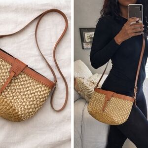 Woven Straw Crossbody Bag with Tan Leather Trim